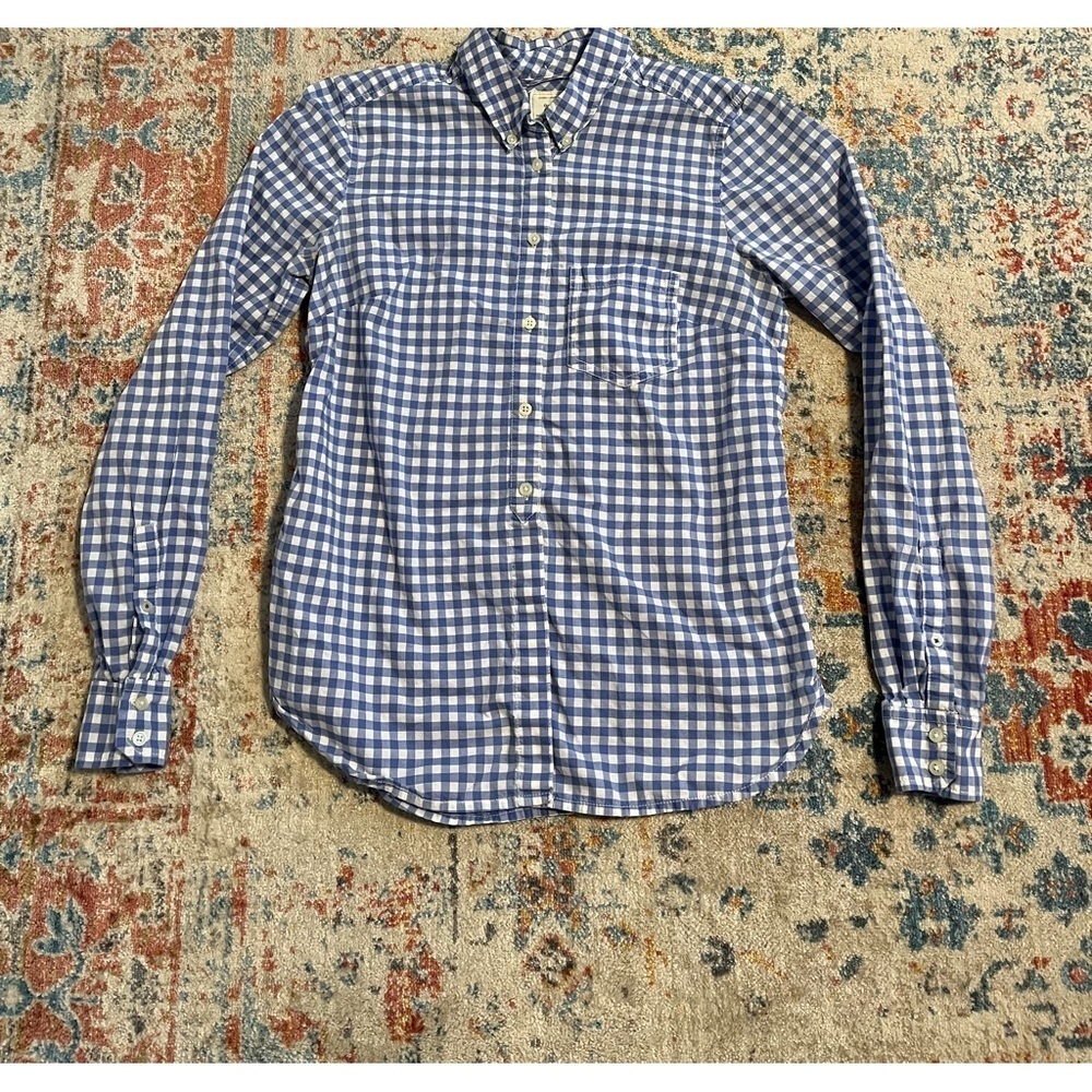 Gap Shrunken Boyfriend light blue cotton gingham button down - Picture 1 of 5